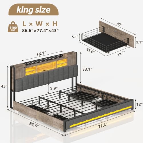 CSZZD King Size Bed Frame and Bookcase Headboard & Storage Drawers, LED Upholstered Platform Bed Frame King Size with USB Charging Station, No Box Spring Needed, Easy Assembly, Oak Gray - Thumbnail 2