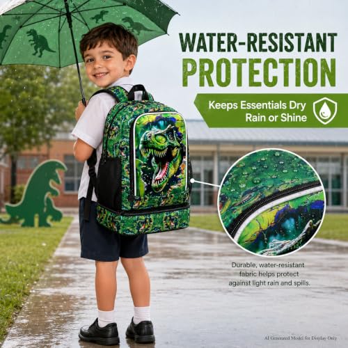 Image of 2 In 1 Dinosaur Backpack for Boys, 17 inch School Bookbag with Lunch Box, Kids Backpacks for Elementary Preschool Kindergarten (Green)