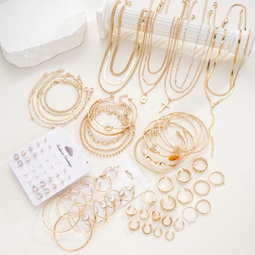 Image of 17 MILE 66 Pieces Gold Jewelry Set for Women, 9 Necklace, 22 Earrings, 23 Knuckle Rings Gold Plated Jewerly set Women Gift