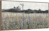 Framed Canvas Wall Art for Living Room Rustic Farmhouse Scenery Vintage Countryside Windmill Barn Picture Nature Wilderness Landscape Wildflower Field Meadow Print Painting Retro Artwork 48'W x 24'H