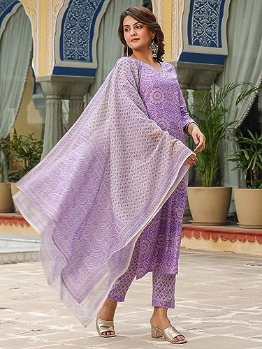 Image of GoSriKi Women's Cotton Blend Straight Printed Kurta with Pant & Dupatta