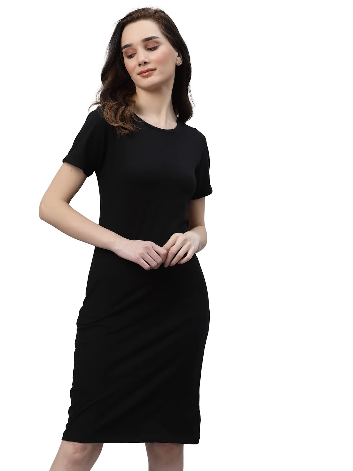 Rigo Women Black Round Neck Shorts Sleeve Bodycon Dress