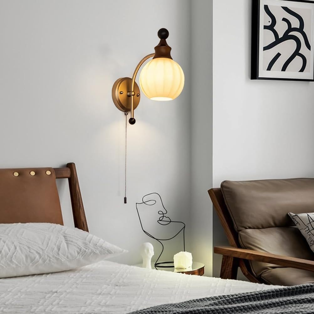 Drewniana metalowa lampa ścienna z włącznikiem, vintage kinkiet wewnętrzny biały szklany klosz lampka nocna E27 rustykalne kinkiety do sypialni salonu hotelu, nikiel