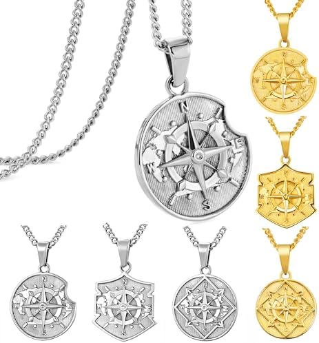 murtoo Ketting voor heren, halsketting met kompas-hanger voor heren, zilver, goud, muntplaatjes, ketting voor heren en dames, roestvrijstalen halsketting, cadeau voor heren en dames, 50 cm, Roestvrij