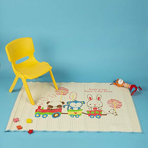 Image of BabyMoo Air-Filled Waterproof Multi-Functional Baby Rubber Mat for Massage and Diaper Change, Baby Crawling mat, Floor mat for Kids, Bed Protector,Non Toxic, Non Slip |Animal Chu Chu Train Blue