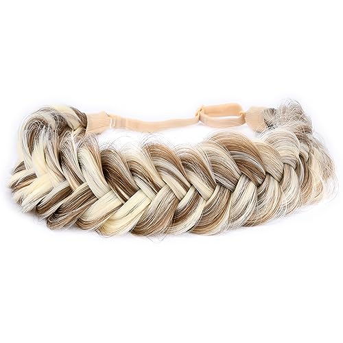 BOBIYA Messy Wide 2 Strand Synthetic Hair Braided Headband Classic Chunky Plaited Hair Headband (Highlighted Ash Brown) - Image 3