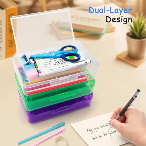 Nuozme Double Layer Large Capacity Pencil Box,Plastic Translucent Pencil Box, Hard Pencil Cases with Snap-Tight Lid for Pens, Pencils, School Supplies,Office Supplies,Medium-sized,1 Pack - Thumbnail 2