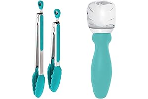 Gorilla Grip 9'' & 12'' Silicone Tongs and Heavy-Duty Ice Cream Scoop Bundle in Turquoise