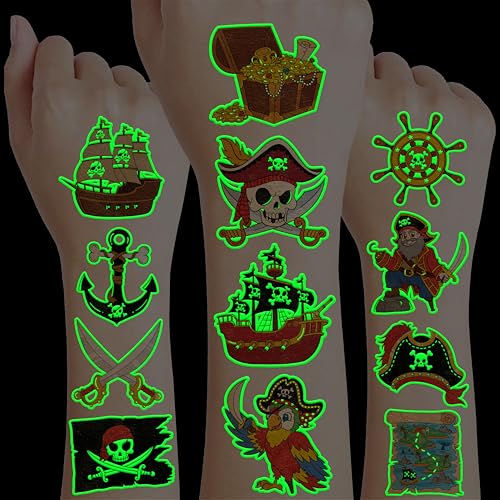 Image of 96 PCS Pirate Pre-Cut Luminous Glow in the dark Temporary Tattoos for Kids | Super Cute Ship Nautical Theme Birthday Party Favors Supplies Decorations, Treasure Fake Tattoos Gifts for Boys Girls