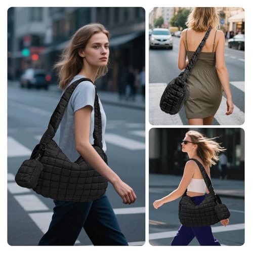 Image of Puffer Tote Bag for Women, Large Quilted Puffer Bag with Pouch, Puffy Quilted Hobo Bag, Puff Crossbody Purse