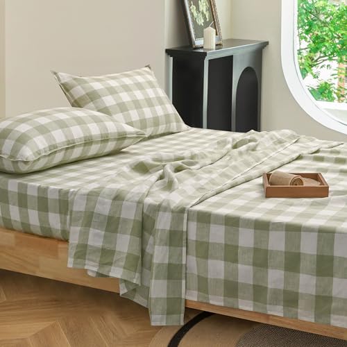 EVERLY Linen Sheets Set Queen Size,100% French Stonewash Pure Linen Sheets Set,4Pieces (1Flat Sheet,1Fitted Sheet,2Pillowcase) Suitable for Hot Sleepers,Deep Pocket Natural Bedding Set-Green Plaid