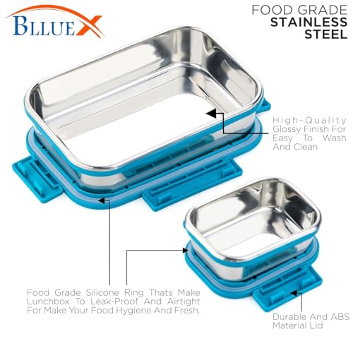 Image of Premium Stainless Steel Lunch Box, Pack of 2, Leakage Proof /Airtight Containers Lunch Box for Office Use, Bento Lunch Box for Men /Women, 4 Side Clip Lock Lid (700ml + 200ml) - Blue