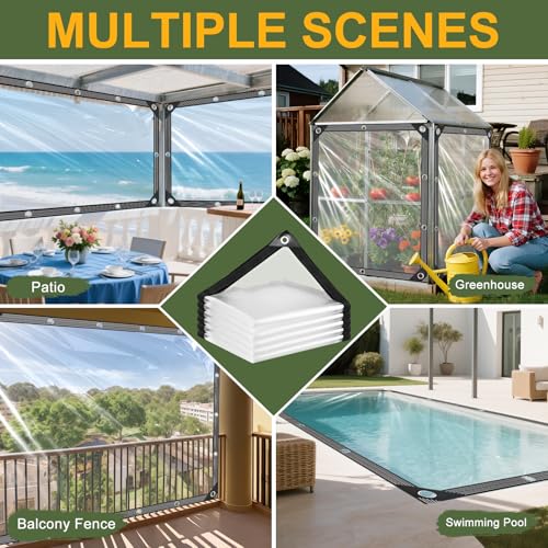 Image of Clear Tarps Heavy Duty Waterproof 8x14ft Clear Tarp with Grommets 14 Mil Thickened PVC Tear-Resistant Reinforced Edges Clear Plastic Vinyl Tarp for Patio Chicken Coop Cover Greenhouse Plant Enclosure