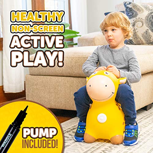 WADDLE Bouncy Hopper Inflatable Hopping Animal, Indoors and Outdoors Toy for Toddlers and Kids, Pump Included, Boys and Girls Ages 2 Years and U (Yellow Giraffe)