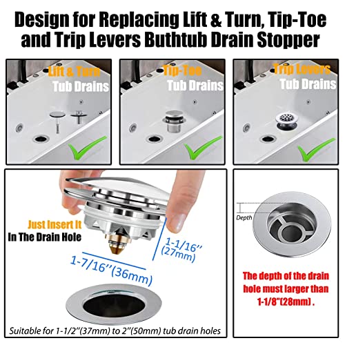 Anlige Universal Tub Stopper Bathtub Drain, Pop Up BathTub Drain Plug and Cover, Replaces Bath Tub Lift and Turn, Tip-Toe and Trip Lever, Easy to Install and Clean, All Brass Plating Process - Image 2