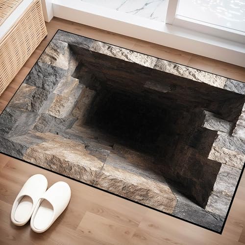 2x3 3D Optical Illusion Rug 2026 New Rock Cave Hole Design Area Rugs Non-Slip Doormat for Indoor Entrance Laundry Living Room Bedroom Dorm Decor Realistic 3D Stone Pit Carpet