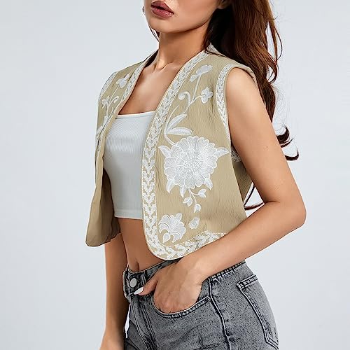Image of Women Vintage Floral Embroidered Vest Y2K Sleeveless Open Front Cardigan Boho Linen Cropped Waistcoat