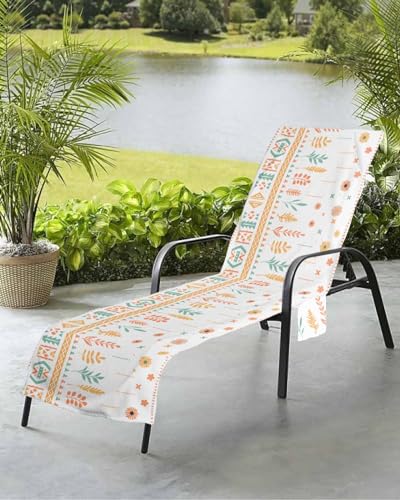 Beach Pool Patio Lounge Chaise Chair Cover Towel with Pockets,Orange Boho Floral Absorbent & Quick Dry Microfiber Towel Cover Bag Summer Travel Accessories Botanical Mexican Aztec Geometric Stripe