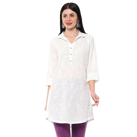 BIBA Women Cotton Straight Fit Embroidered Short Kurta