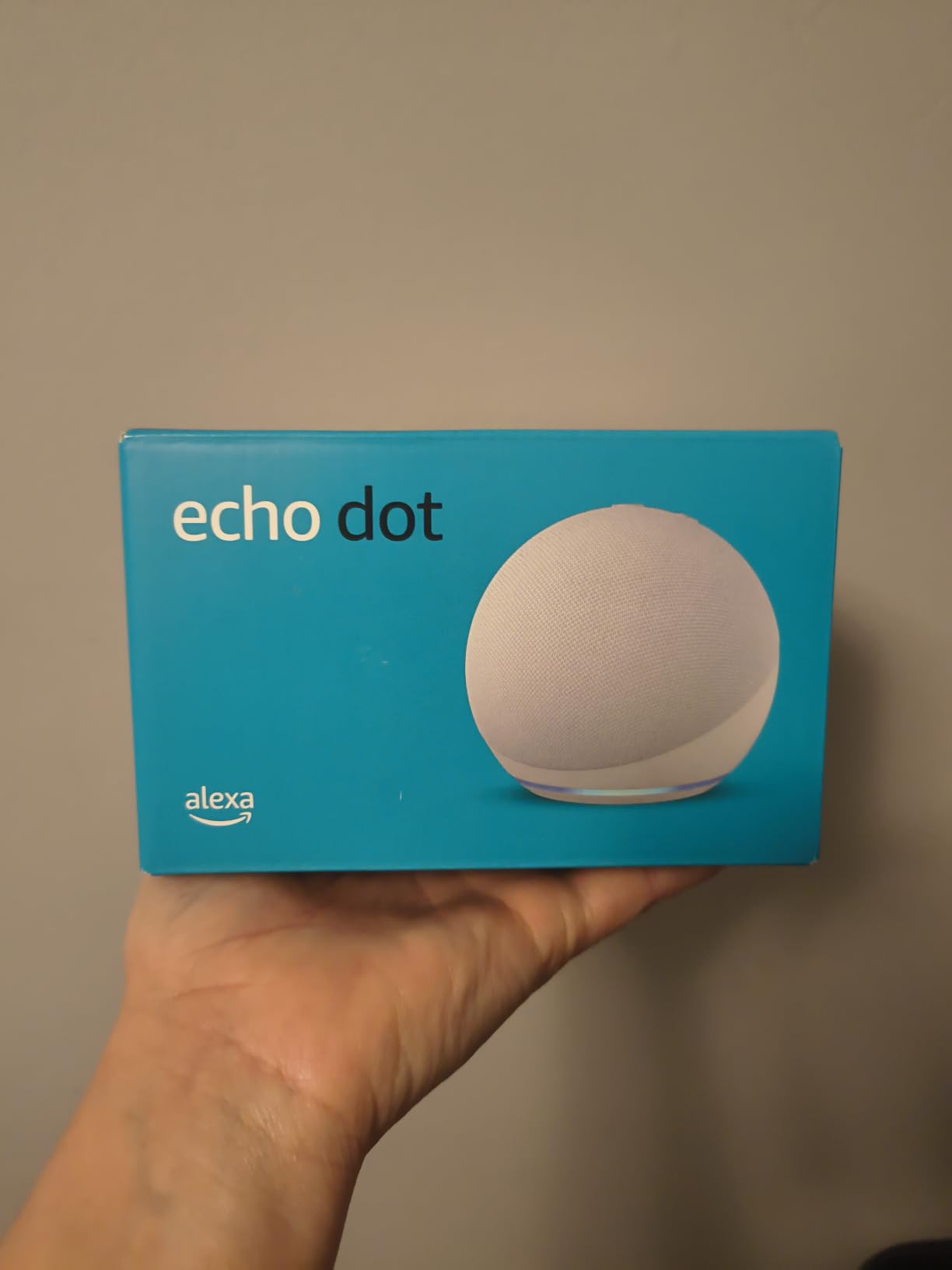 Holding the Echo Dot box