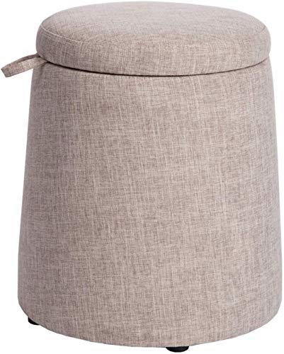 Pouf de rangement en lin beige noble, tabouret rond aux finitions soignées
