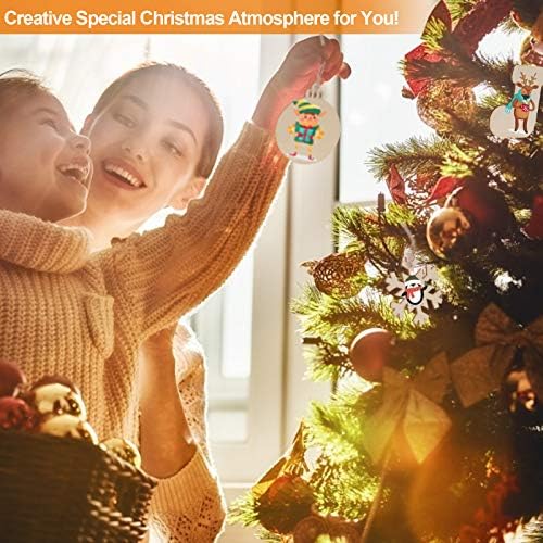 JUYOO 50PCS Wooden Christmas Tree Decoration Set Christmas Wooden Ornaments Wooden Ornaments - Round Wood Slices Wood Snowflake Star Christmas Tree Socks with 60 Pcs Rope, 5 Style