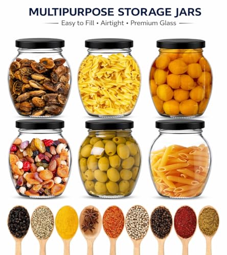 Image of Glass Kitchen Storage Jar Set of 6 (400 ml Each) with Airtight Metal Lid | Kitchen Containers for Spices, Dry Fruits, Pickle & Snacks | Clear Durable Food Grade Glass Jars