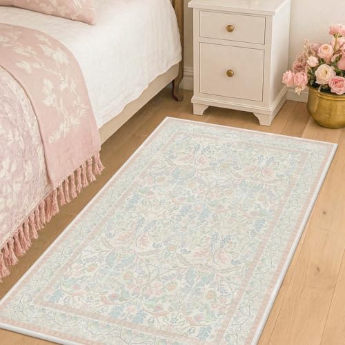3x5 Washable Area Rugs for Bedroom Non Slip, Soft Laundry Room Mat for Floor, Floral Washable Indoor Rugs for Bathroom, Entryway, Kitchen, French Country Reading Nook Décor (Pink and Blue)