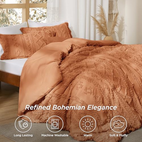 Bedsure Tufted Boho Comforter Set Queen Size - Pumpkin Boho Bed Set, GentleSoft™ 3 Pieces Farmhouse Shabby Chic Embroidery Bedding, Gifts for Woman, Soft Jacquard Queen Comforter for All Seasons