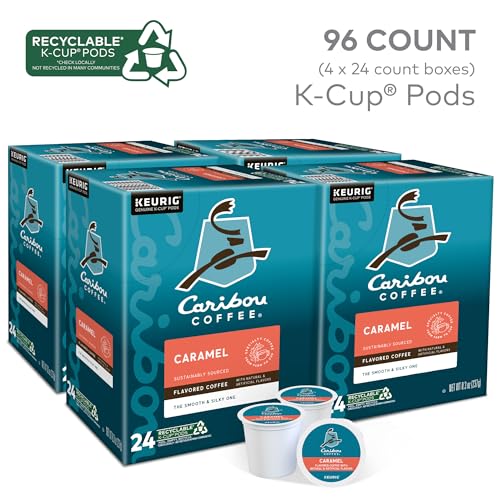 Image of Caribou Coffee Caramel Flavored Coffee, Single Serve Keurig K-Cup Pods, Medium Roast Coffee, 96-Count Box (Pack of 4)