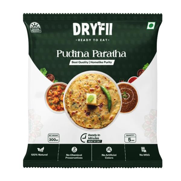 Dryfii Pudina Paratha – Frozen Indian Mint Flatbread, Ready-to-Cook Whole Wheat Paratha, Traditional Indian Breakfast & Snack – Pack of 1 (5 Pieces)-image-49