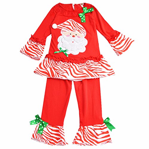 Girls 2pcs Long Cotton Christmas Santa Pajamas Sleepwear Set Red(4-5T,Red)2