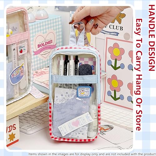 Image of Cute Pen case Adorable Bunny Transparent 3-Layer Large Capacity Pencil Case Gadget organizer with Lovely Stickers (Black Plaid)
