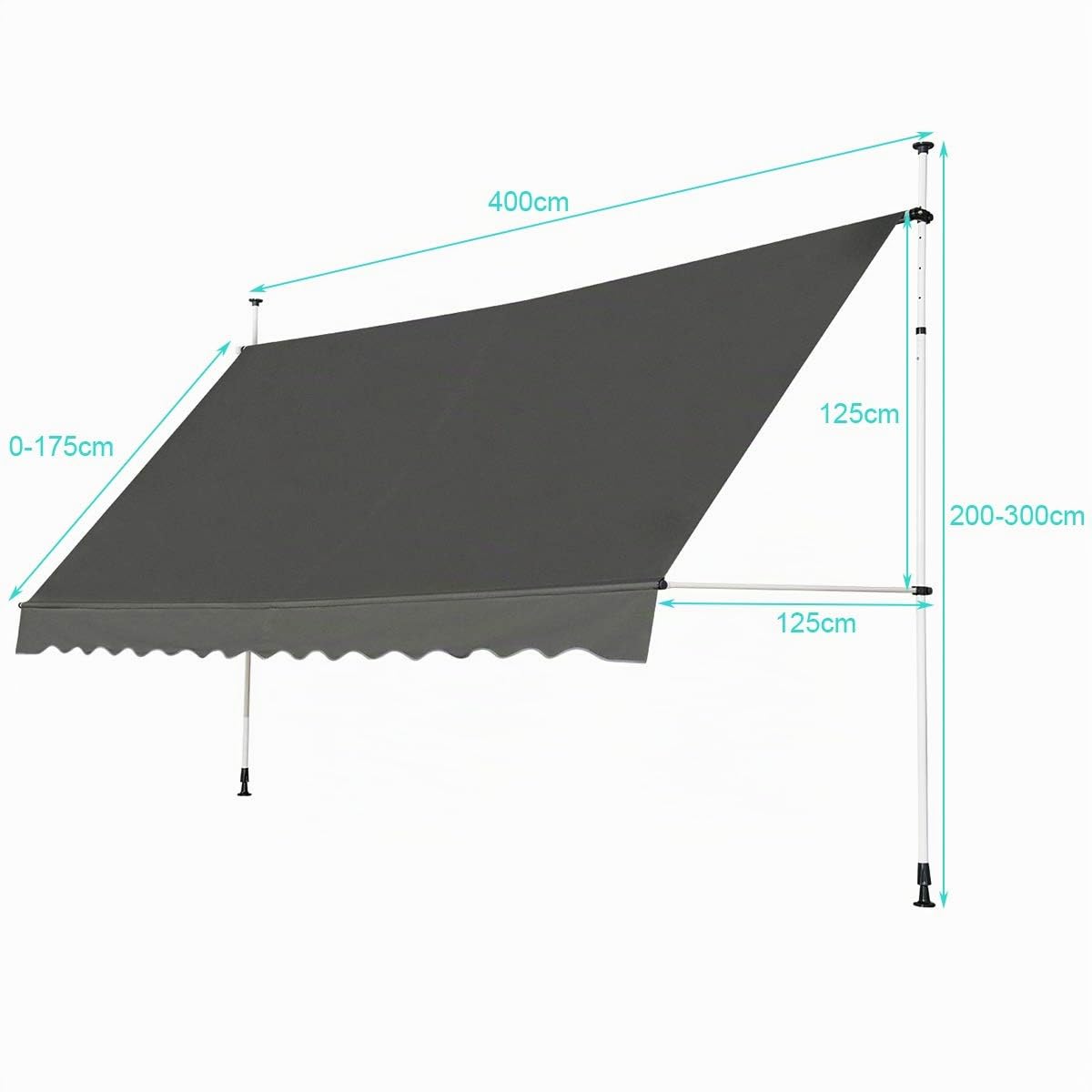 GOPLUS Klemmmarkise 400cm breit, Markise Balkon ohne Bohren, Markise mit Handkurbel, UV-beständig höhenverstellbar wasserabweisend, Sonnenschutz für Balkon Terrasse & Garten (Grau, 400cm)