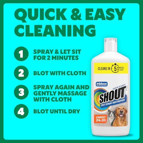 Image of Shout Pet Stain Remover, Color-Safe Rug, Upholstery & Carpet Cleaner Solution for Dog & Cat Urine, Feces, Vomit & Mud, Fights Odors & Remarking, Fast-Acting Cleans in 5 Minutes or Less, 24.3oz