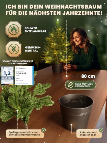 ArtiTree Künstlicher Mini Weihnachtsbaum im Topf mit LED 80 cm – Nordfichte – Ansicht 2