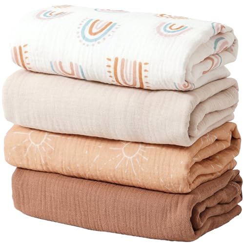 Image of Happy Flute 4Set Muslin Swaddle Blankets–Ultra Soft Baby Blanket for Newborns,Receiving Blankets for Baby Girls & Boys–Baby Essentials 0-3 Years,40x40inches (Sun)