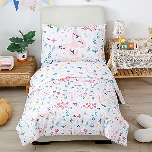 PERFEMET Floral Comforter Set Flower Bedding Set for Twin Bed Botanical Trees Leaves Butterfly Pattern Comforter for Girls Teens Kids 4 Pieces Bed in a Bag(White, Twin)