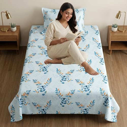 Image of Mafatlal 186 TC Metro Cotton Single Bedsheet | 90 x 60 Inch|Soft, Breathable & Lightweight | with Matching Pillow Cover| Nordic Blue