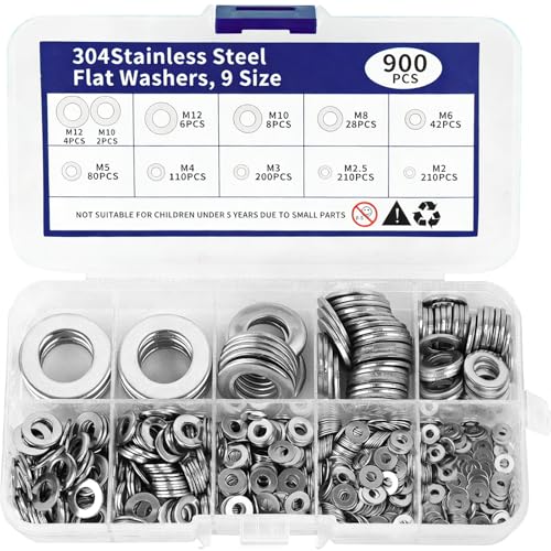 Image of Serplex 900 Pcs 304 Stainless Steel Flat Washers Assorted Kit, 9 Sizes-M2 /M2.5 /M3 /M4 /M5 /M6 /M8 /M10 /M12 Sizes, Metric Washer Set for Screws & Bolts, Corrosion-Resistant Industrial Hardware Accessories