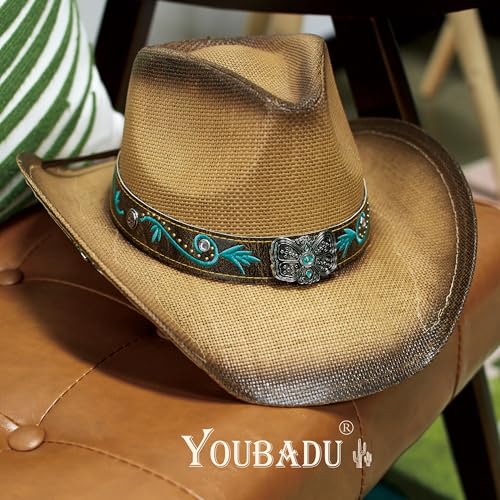 Image of YOUBADU Western Straw Cowboy and Cowgirl Hats with Decorative Bands - Unisex Wide Brim Raffia Style Sun Hat