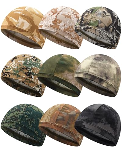 Image of 9 Pcs Cooling Skull Cap Camo Liner Sweat Wicking Lightweight Cycling Cap Running Hat for Men Women