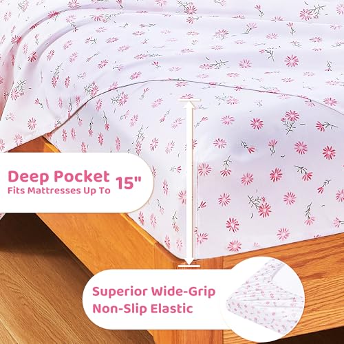 Image of Mooreeke Cozy Vintage Microfiber Printed Floral Twin Sheet Set - Soft & Breathable Pink Daisy Bed Sheets with Extra Deep Pocket - Non-Slip Fitted Design - Daisy Pattern - Twin