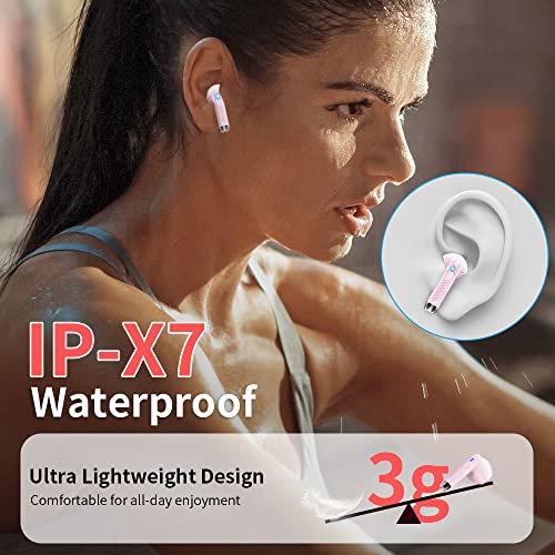 Image of Wireless Earbuds, Bluetooth Headphones, Stereo Bass Ear Buds with ENC Noise Cancelling Mics,42H Bluetooth Earbuds with LED Display Charging Case, IP7 Waterproof Earphones for Android iOS /Light pink