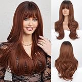 HAIRCUBE Reddish Brown Long Curly Wig with Bangs Brown Curly Wig Natural Appearance Heat-Resistant Synthetic Wig Suitable for Fashionable Women