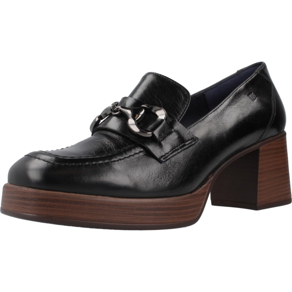 Dorking - Zapato mocasín con tacón Ancho de 7cm,Plataforma de 2cm, de Piel,Adorno Cadena,Negro, para: Mujer