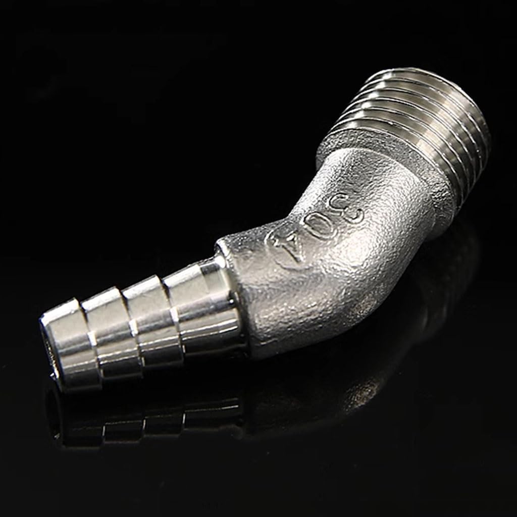 45 Degree Elbow Connector, 1/4" Male Thread to 6mm 8mm 10mm Hose Barb Elbow Stainless Steel Pipe Fitting, 1PCS(1/4" 10mm)