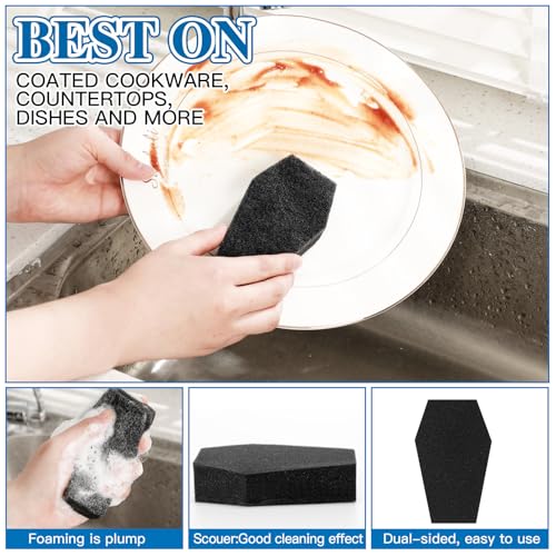 Image of Tioncy 12 Pack Gothic Kitchen Decor Bulk Dual Sided Scrubber Gothic Sponges Dishwashing Non Scratch Coffin Kitchen Accessories Dish Scouring, Black