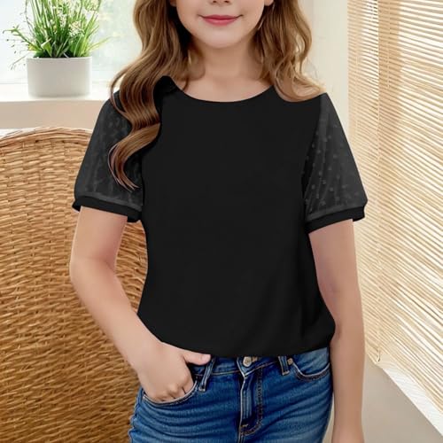 T-Shirts for Girls Summer Fashion Swiss Dot Short Sleeve Blouse Teen Girls Elegant Dressy Casual Shirts Tunic 5-15y2
