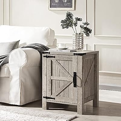 OKD Farmhouse End Table with Storage, 18 Inch Rustic Nightstand Side Table w/Barn Door & Adjustable Shelve, Wood Accent… 515sEQbv8bS. SS400